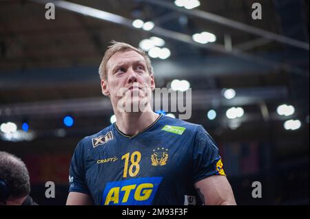 Goteborg, Svezia. 16th gennaio 2023. Fredric Pettersson di Svezia dopo la partita del campionato mondiale di pallamano IHF del 2023 tra Uruguay e Svezia, il 16th gennaio 2023 a Gothenburg. Credit: Oskar Olteus / Alamy Live News Foto Stock