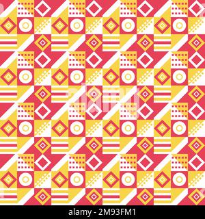 Modello luminoso e moderno in stile Bauhaus. Ripetizione senza giunture. Forme geometriche colorate - cerchi, triangoli e quadrati Illustrazione Vettoriale