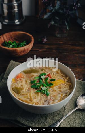 Zuppa di noodle fatta in casa con carne di anatra e verdure in ciotola Foto Stock
