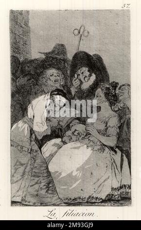 La filiazione (la Filiacion) Francisco de Goya y Lucientes (spagnolo, 1746-1828). , 1797-1798. Incisione e acquatinta su carta posata, foglio: 11 7/8 x 8 poll. (30,2 x 20,3 cm). Arte europea 1797-1798 Foto Stock