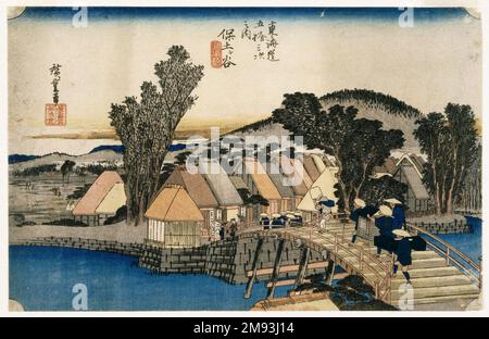 Hodogaya: Shinmachi Bridge, dalla serie cinquantatré stazioni della Tōkaidō Road Utagawa Hiroshige (Ando) (giapponese, 1797-1858). Hodogaya: Ponte Shinmachi, dalla serie cinquantatré stazioni della strada Tōkaidō, ca. 1833-1834. Stampa a blocchi di legno a colori su carta, 8 15/16 x 13 15/16 pollici (22,7 x 35,4 cm). Arte asiatica ca. 1833-1834 Foto Stock