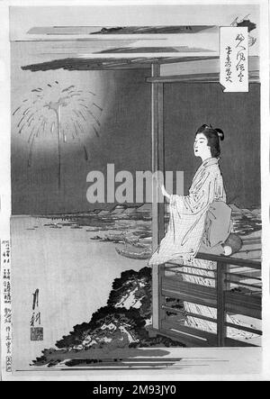 Fuochi d'artificio in lontananza, dalla serie un assortimento di Dogane femminili Ogata Gekko (giapponese, 1859-1920). Fuochi d'artificio in lontananza, dalla serie un assortimento di Dogane femminili, 1891-1892. Stampa a blocchi di legno a colori su carta, 14 1/2 x 10 pollici (36,8 x 25,4 cm). Arte asiatica 1891-1892 Foto Stock