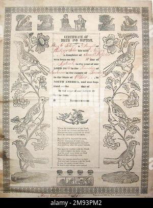 Certificato di nascita e Battesimo americano. Certificato di nascita e Battesimo, ca. 1830-1840. Taglio a legno su carta ovata, foglio: 16 x 12 1/2 poll. (40,6 x 31,8 cm). Arte americana ca. 1830-1840 Foto Stock