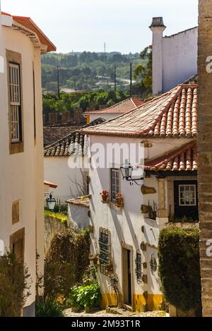 Le strade del bellissimo borgo medievale di Obidos nel centro del Portogallo Foto Stock