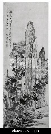 Crisantemo e rocce da giardino, Scroll sospeso Gao Fenghan. Crisantemo e rocce da giardino, rotolo sospeso, 18th ° secolo. Inchiostro e colore chiaro su carta, immagine: 47 x 15 1/2 pollici (119,4 x 39,4 cm). Arte asiatica 18th ° secolo Foto Stock