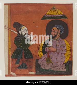 Frammento di una pagina da una serie indiana Markandeya Purana. Frammento di una pagina da una serie di Markandeya Purana, ca. 1625. Acquerello opaco e oro su carta, foglio: 4 7/8 x 4 11/16 pollici (12,4 x 11,9 cm). Arte asiatica ca. 1625 Foto Stock