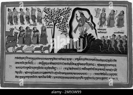 Krishna conquista il serpente Kaliya, pagina da una dispersa Bhagavata Purana Serie indiana. Krishna conquista il serpente Kaliya, pagina da una dispersa Bhagavata Purana Series, ca. 1775. Acquerello opaco e oro su carta, foglio: 9 3/4 x 14 5/8 pollici (24,8 x 37,1 cm). Arte asiatica ca. 1775 Foto Stock