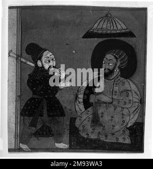 Frammento di una pagina da una serie indiana Markandeya Purana. Frammento di una pagina da una serie di Markandeya Purana, ca. 1625. Acquerello opaco e oro su carta, foglio: 4 7/8 x 4 11/16 pollici (12,4 x 11,9 cm). Arte asiatica ca. 1625 Foto Stock