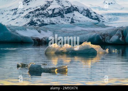 Luce notturna magica sugli iceberg retroilluminati che si riflettono nella laguna del ghiacciaio Jökulsárlón al crepuscolo, Parco Nazionale di Vatnajökull, Route 1, Islanda Foto Stock