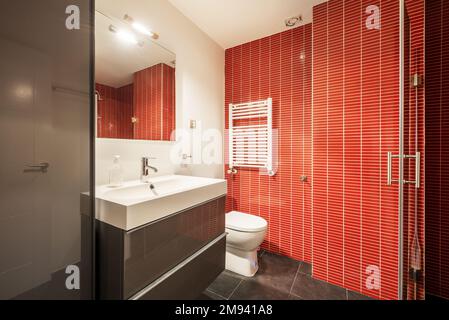 wc piastrellato rosso su diverse pareti con armadio da bagno grigio lucido, specchio senza cornice sulla parete e portasciugamani bianco radiatore sulla parete Foto Stock