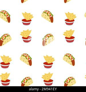 Motivo senza cuciture con nachos in salsa trasparente e tacos con verdure e champagne. Cucina tradizionale latinoamericana. Isolare. Ottimo per poster, biglietti, striscioni, menu bar o ristorante. EPS Illustrazione Vettoriale