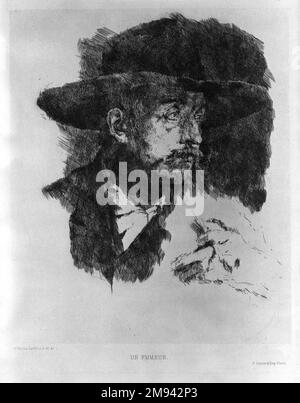 Un Fumeur Wilhelm Leibl (tedesco, 1844-1900). Un Fumeur. Incisione su carta posata, 8 15/16 x 7 3/8 poll. (22,7 x 18,7 cm). Arte europea Foto Stock