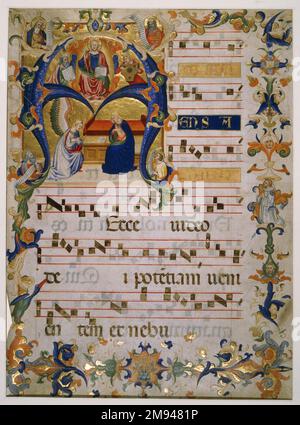 Frontespizio di un libro di Coro Don Simone Camaldolese. Frontespizio da un Libro di Coro, ca. 1390. Inchiostro su pergamena, 23 3/8 x 17 5/8 pollici (59,4 x 44,8 cm) (bordo sinistro irregolare). Arte europea ca. 1390 Foto Stock