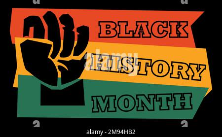 Black History Month, un segno per Black History Month e un pugno nero, bandiera e banner, colori arancione e verde e rosso e nero, illustrazione Foto Stock