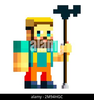 l'uomo pixelato in uniforme di lavoro e con un bastone in mano. personaggio da gioco a 8 bit. illustrazione del vettore piatto Illustrazione Vettoriale