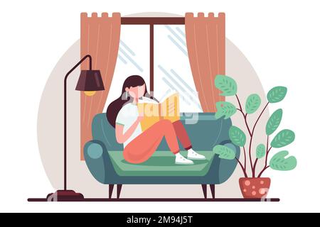 la ragazza legge un libro sul divano. studiare a casa. illustrazione del vettore piatto. Illustrazione Vettoriale