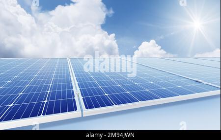 I pannelli solari riflettono la luce scintillante dal sole, energia pulita e buon ambiente.3D render Foto Stock