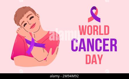 World Cancer Day 4 Febbraio Poster o Banner sfondo. Donna con illustrazione del nastro. EPS 10. Illustrazione Vettoriale