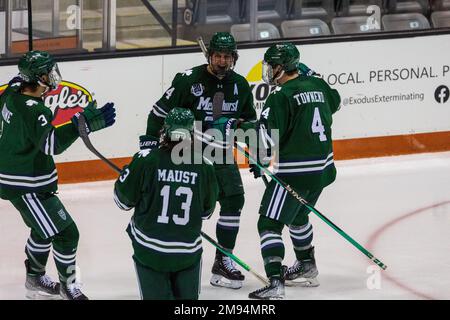 13 gennaio 2023: Mercyhurst Lakers Forward Marko Reifenberger (24) festeggia con i compagni di squadra dopo aver segnato un gol nel terzo periodo contro le Tigri RIT. Il Rochester Institute of Technology Tigers ha ospitato i Mercyhurst University Lakers in una conferenza atlantica della NCAA Division 1 al gene Polisseni Center di Rochester, New York. (Jonathan Tenca/CSM) Foto Stock