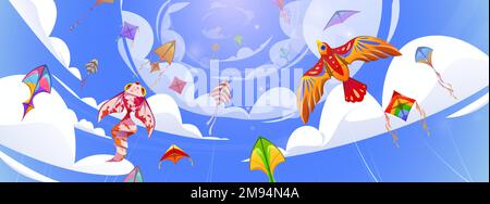 Makar sankranti, sfondo del festival di aquiloni. Simpatici giocattoli di carta colorati a forma di pesce e uccello con nastri che volano sul vento nel cielo blu con nuvole, illustrazione vettoriale cartone animato Illustrazione Vettoriale