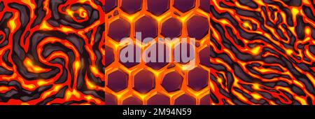 Texture di lava, magma e pietre esagonali. Disegni senza cuciture della superficie rocciosa del vulcano con crepe e flussi di lava liquida fusa calda nella vista dall'alto, illustrazione vettoriale dei cartoni animati Illustrazione Vettoriale