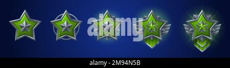 Set di cartoni animati di distintivi di gioco di diverso rango isolati su sfondo blu scuro. Illustrazione vettoriale di medaglie d'argento con stella verde gemma, texture in metallo grigio. Raccolta di premi di livello incandescente Illustrazione Vettoriale