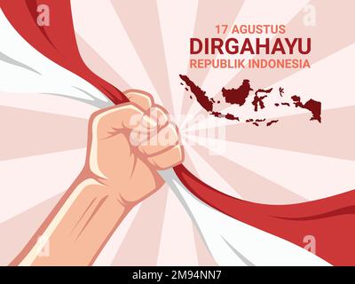 Poster Illustrazione dell'Indonesia Independence Day sfondo con mano che tiene una bandiera - concetto di disegno vettoriale Illustrazione Vettoriale