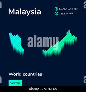 Malesia 3D nap. La mappa vettoriale isometrica stilizzata a righe della Malesia è in colori verde neon e menta Illustrazione Vettoriale