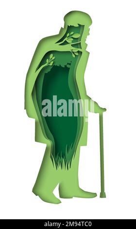 Vecchio vettore silhouette senior con canna Illustrazione Vettoriale