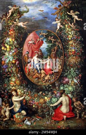 Garland di frutta che circonda una raffigurazione di Cibele (c.1620-1622) di Jan Brueghel i e Hendrik van Balen. Foto Stock