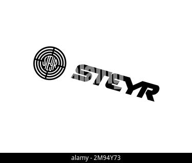 Steyr Daimler Puch, logo ruotato, sfondo bianco B Foto Stock