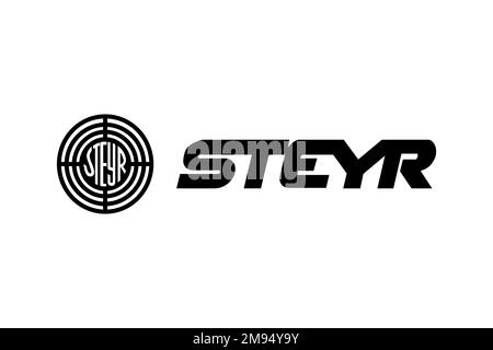 Steyr Daimler Puch, logo, sfondo bianco Foto Stock