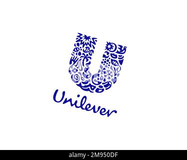 Unilever, logo ruotato, sfondo bianco B Foto Stock