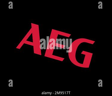 AEG, logo ruotato, sfondo nero B Foto Stock