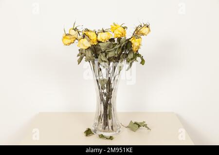 Bouquet di rose appassite in vaso di fiori Foto Stock