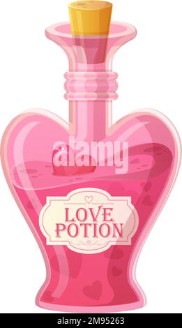 Bottiglia di pozione d'amore rosa. Bottiglia di vetro a forma di cuore con tappo. Romance elisir, alchimia, rpg gioco icona concetto. Illustrazione Vettoriale