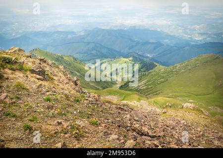 Vista dall'alto della verde gola estiva sulle montagne di Almaty. Sentiero sulle cime delle montagne Foto Stock