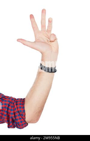 Uomo, mani e numero quattro segno closeup in studio per conto alla rovescia, gesto o segnale su sfondo bianco. Mano, ragazzo e comunicazione con le dita per Foto Stock