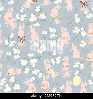 Modello senza cuciture con conigli Funny e Cherry Blossom Illustrazione Vettoriale