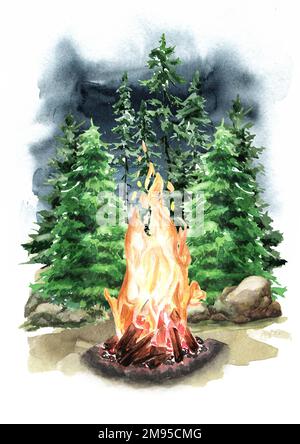 Falò nella foresta. Concetto di campeggio, illustrazione disegnata a mano acquerello isolato su sfondo bianco Foto Stock