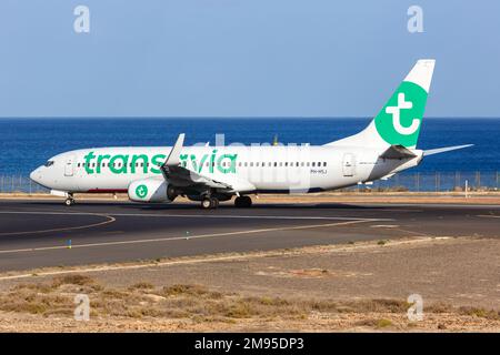 Lanzarote, Spagna - 17 settembre 2022: Velivolo Transavia Boeing 737-800 all'aeroporto di Lanzarote (ACE) in Spagna. Foto Stock