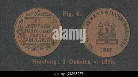 Antico 19th ° secolo germania numismatica catalogo a monete illustrato con interessanti tecniche di stampa / monete antiche / moneta d'epoca / Antiker numismatischer illustratore Katalog aus dem 19. Jahrhundert mit interessanter Drucktechnik : Hamburg : 1 Dukaten v. 1810 / Hamburg : 1 ducat from 1810 Foto Stock