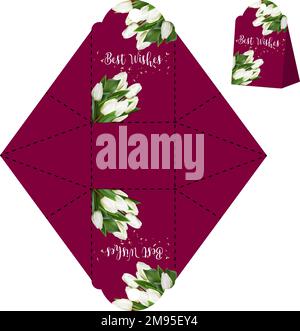 Modello confezione regalo. Regalo per la giornata della donna. Ritagliare e piegare il modello di imballaggio. Colore magenta con fiori. Illustrazione con isolamento vettoriale Illustrazione Vettoriale