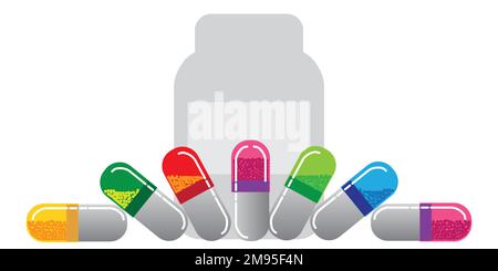 Set di capsule mediche di colore diverso e flacone sullo sfondo, pillole vettoriali, concetto di medicina Illustrazione Vettoriale