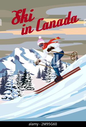 Poster da viaggio Ski in Canada vintage. Tessera di viaggio per il paesaggio invernale del Canada Illustrazione Vettoriale