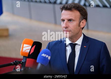 Belgio, Bruxelles, 31 maggio 2022: Emmanuel Macron, Presidente della Repubblica francese, risponde alle domande in un'intervista mediatica dopo la e straordinaria Foto Stock