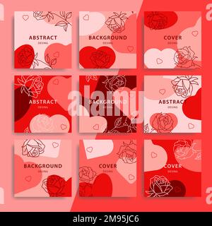 Set vettoriale con modelli modificabili di tendenza per i social media. Banner moderni per San Valentino con cuori. Illustrazione Vettoriale
