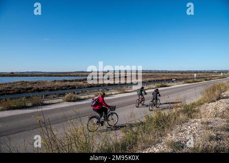 Berre-l’Etang (Francia sud-orientale): Giro in bicicletta, madre e i suoi due figli lungo la strada che porta a Grand Port Foto Stock