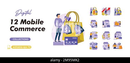 Concetto di commercio mobile. Gli acquirenti effettuano acquisti in app, acquisti online intelligenti. Persone scene isolate in piano design. pacchetto business flat Illustrazione Vettoriale