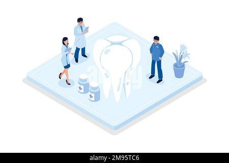 Medico dentista e personale medico che si prende cura dei denti. Pulizia professionale dei denti, trattamento e igiene orale. Concetto di assicurazione dentaria sanitaria, è Illustrazione Vettoriale